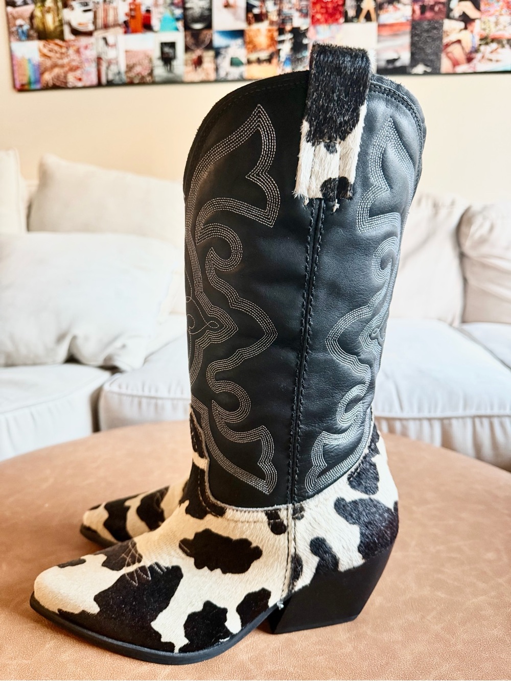 NWOT Steve Madden West Black White Pull On Block Heel Cowhide Cowboy Boot - Picture 4 of 12